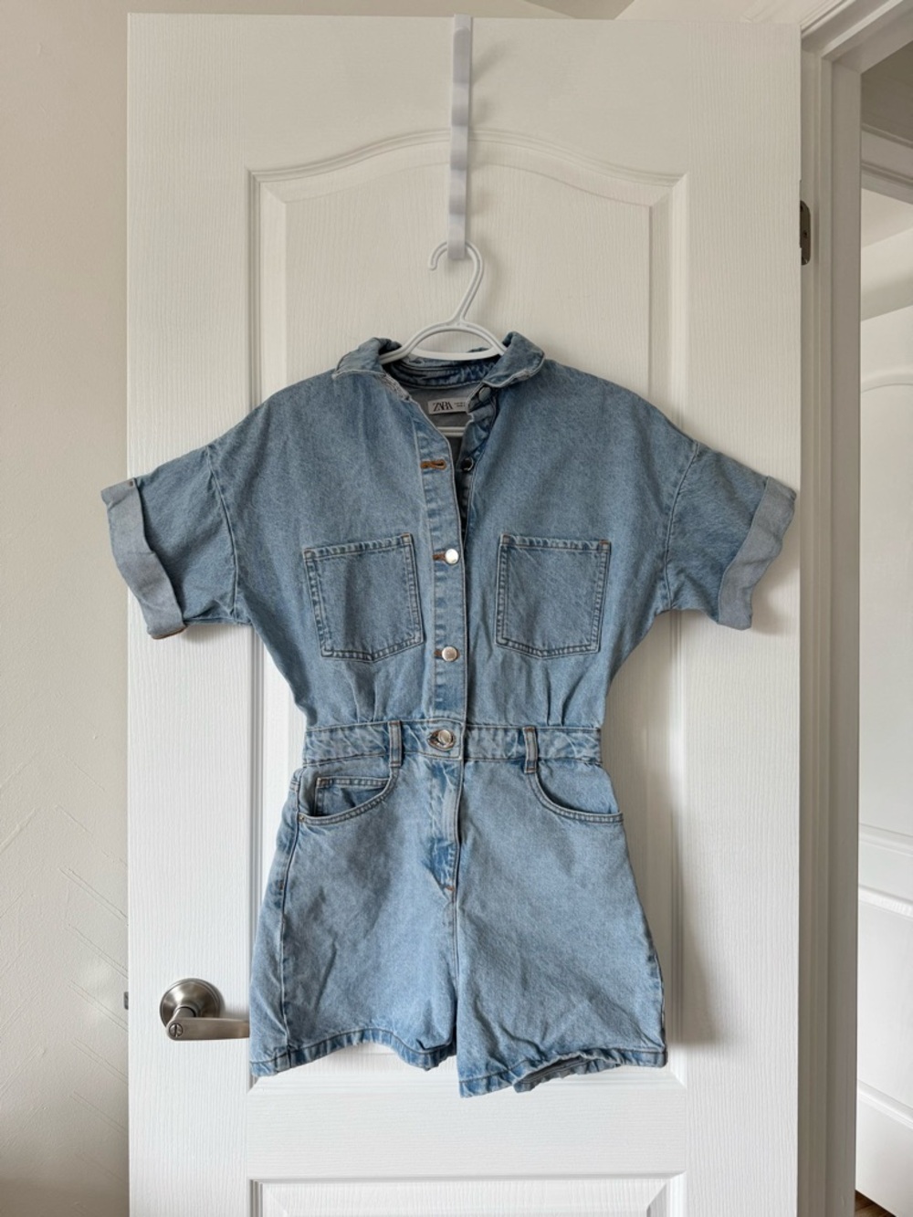 Zara denim short-sleeve romper